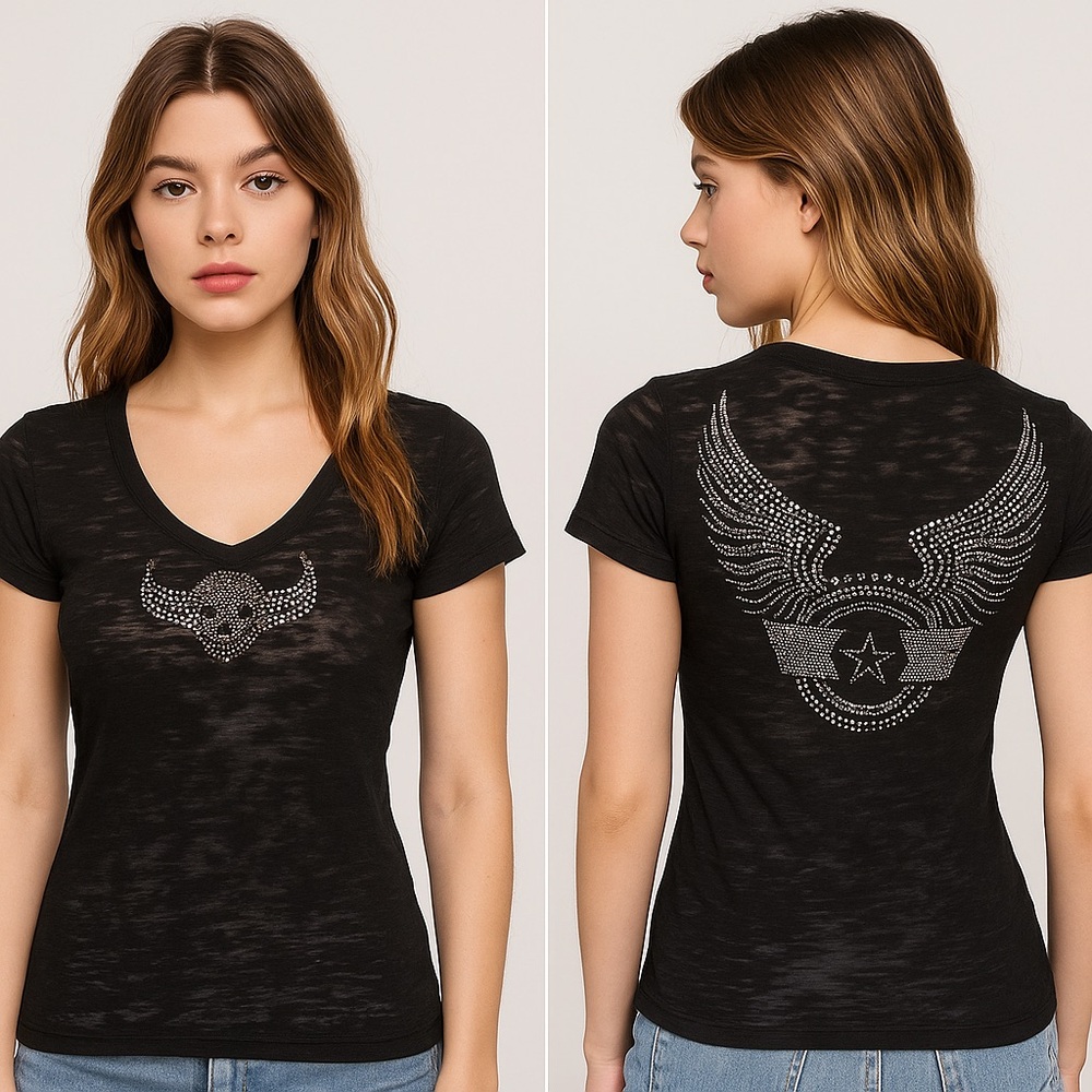 Y2K VTG Rosio Rhinestone Skull & Wings Burnout Tee Top M Rocker Biker Bling Club